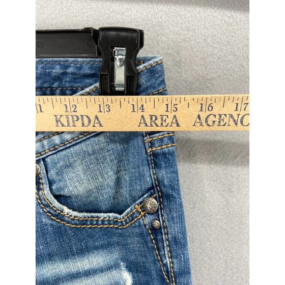 Bebock for Express Jeans Womens Sz 2 Boot Cut Denim Distressed Whiskers - Picture 4 of 13